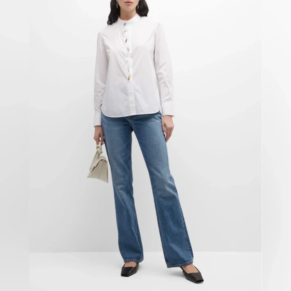 New Tory Burch Beaded Band-collar Poplin Tunic In White